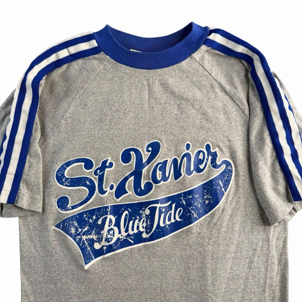 Vintage St. Xavier Blue Tide Ringer Shirt Medium Velva Sheen Spell Out 80s USA